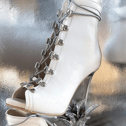 High heel hidden platform lace up boots in white leather