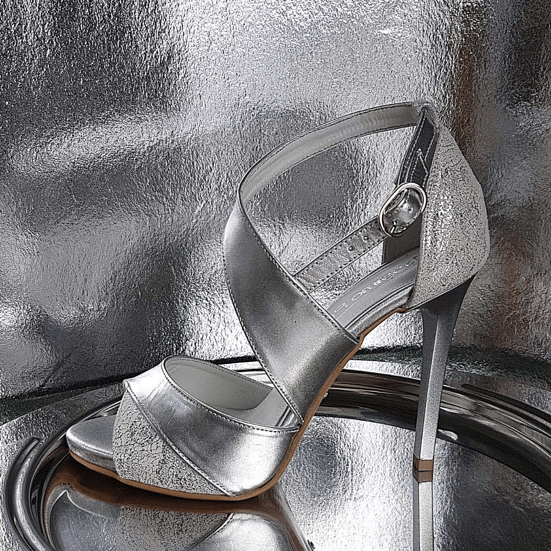 High heel ankle strap wedding shoes in silve leather
