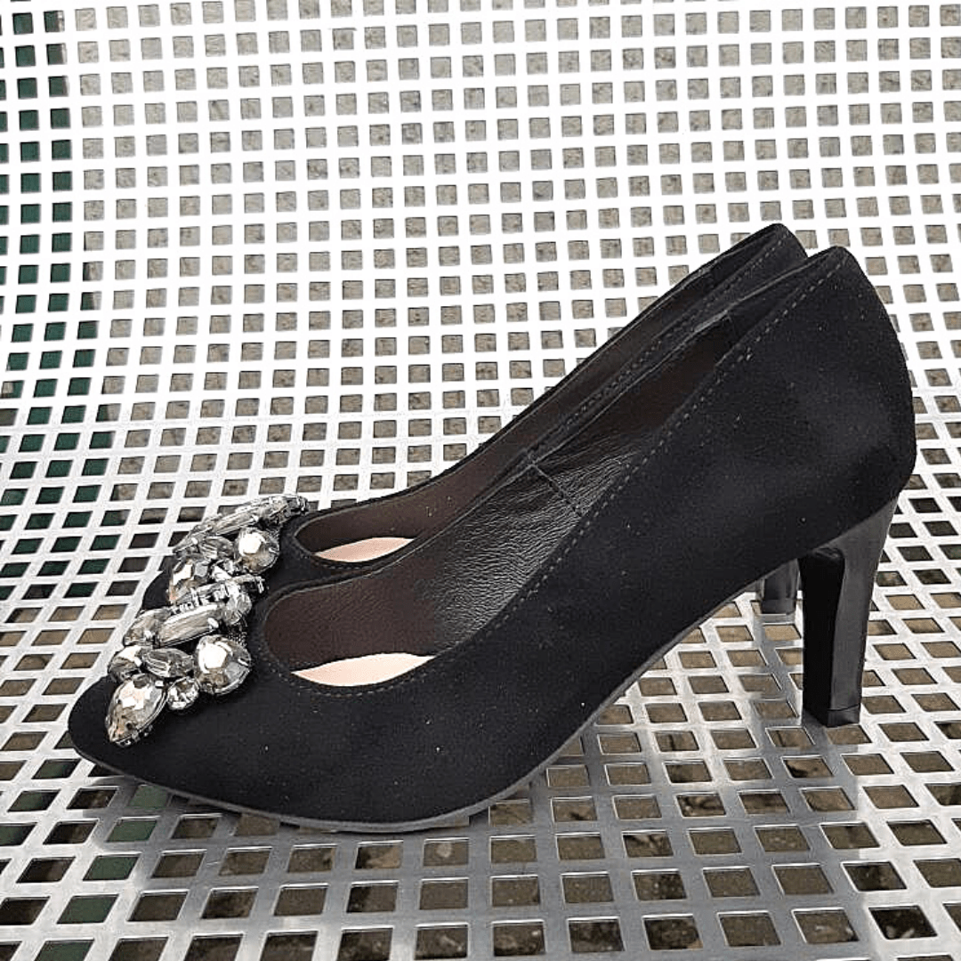 Pointed toe black suede diamanté heels