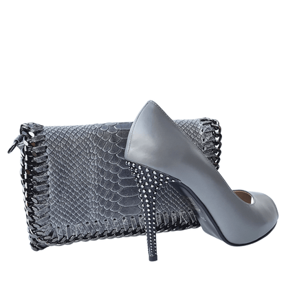 Grey leather open toe court heels and a matching leather clutch bag