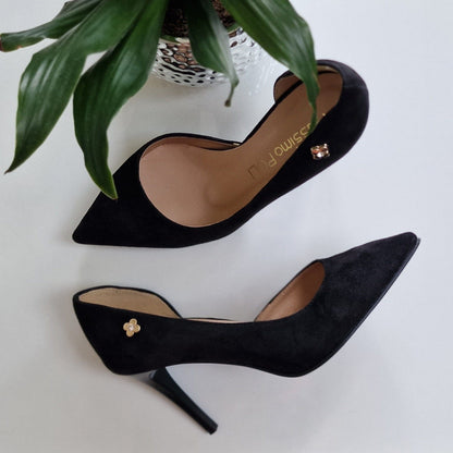 Pointed toe black suede court heels