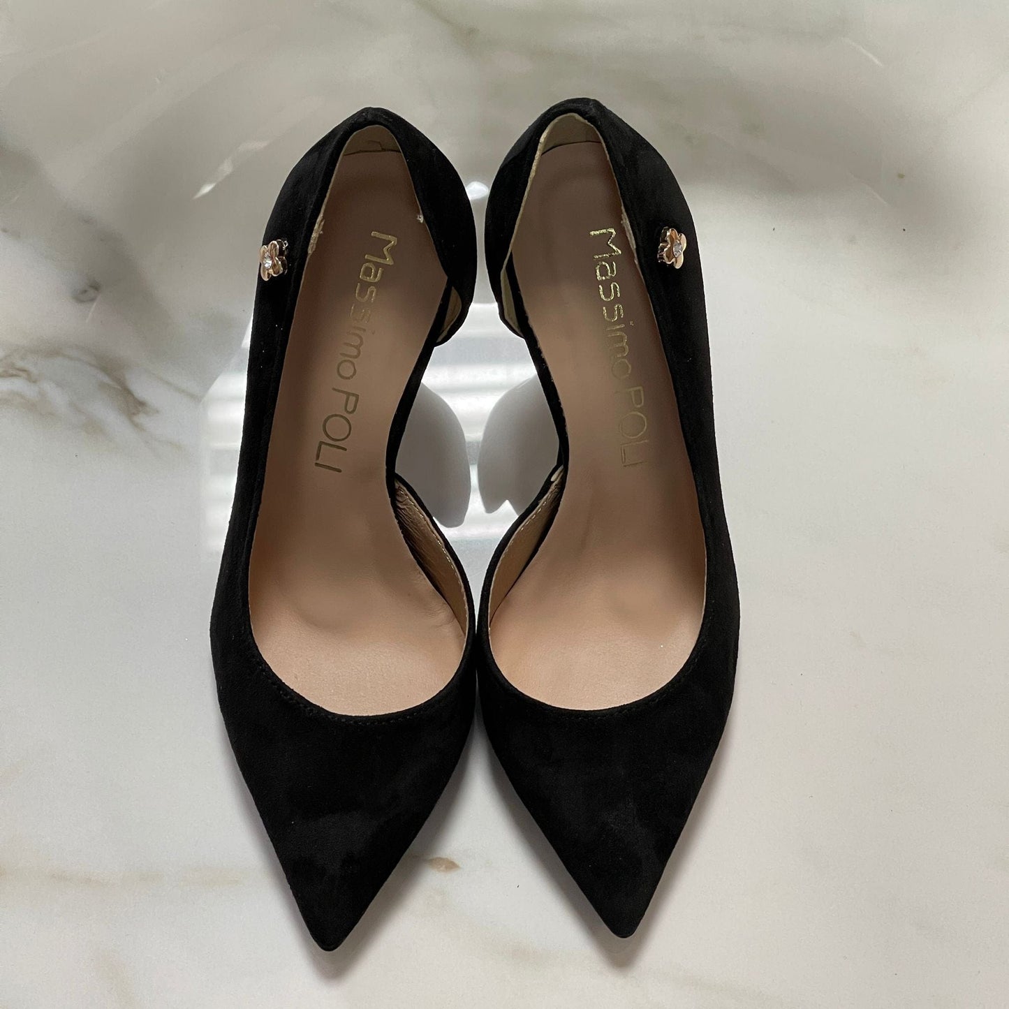 Pointed toe petite court heels in black suede