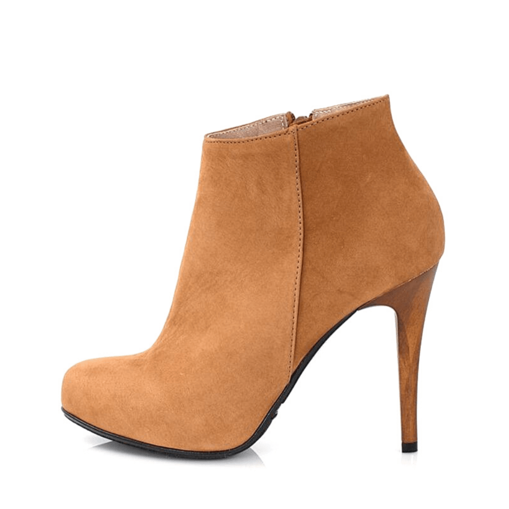 Almond toe high heel ankle boots in tan suede leather