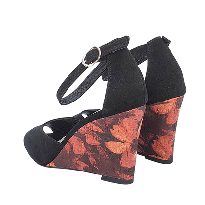 Ankle strap wedge sandal in black suede leather