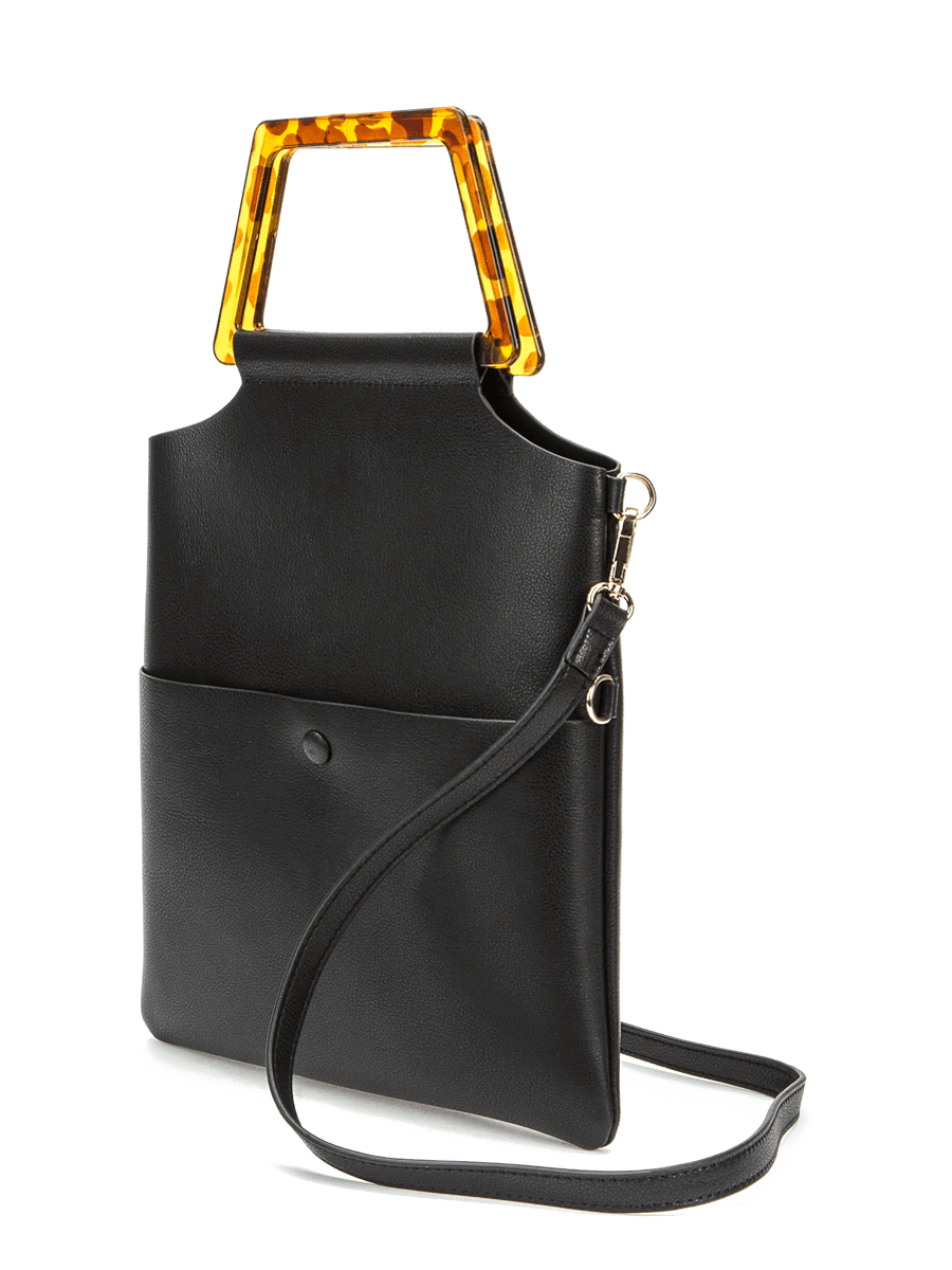 Women's black handbag with brown handle and shoulder strap.