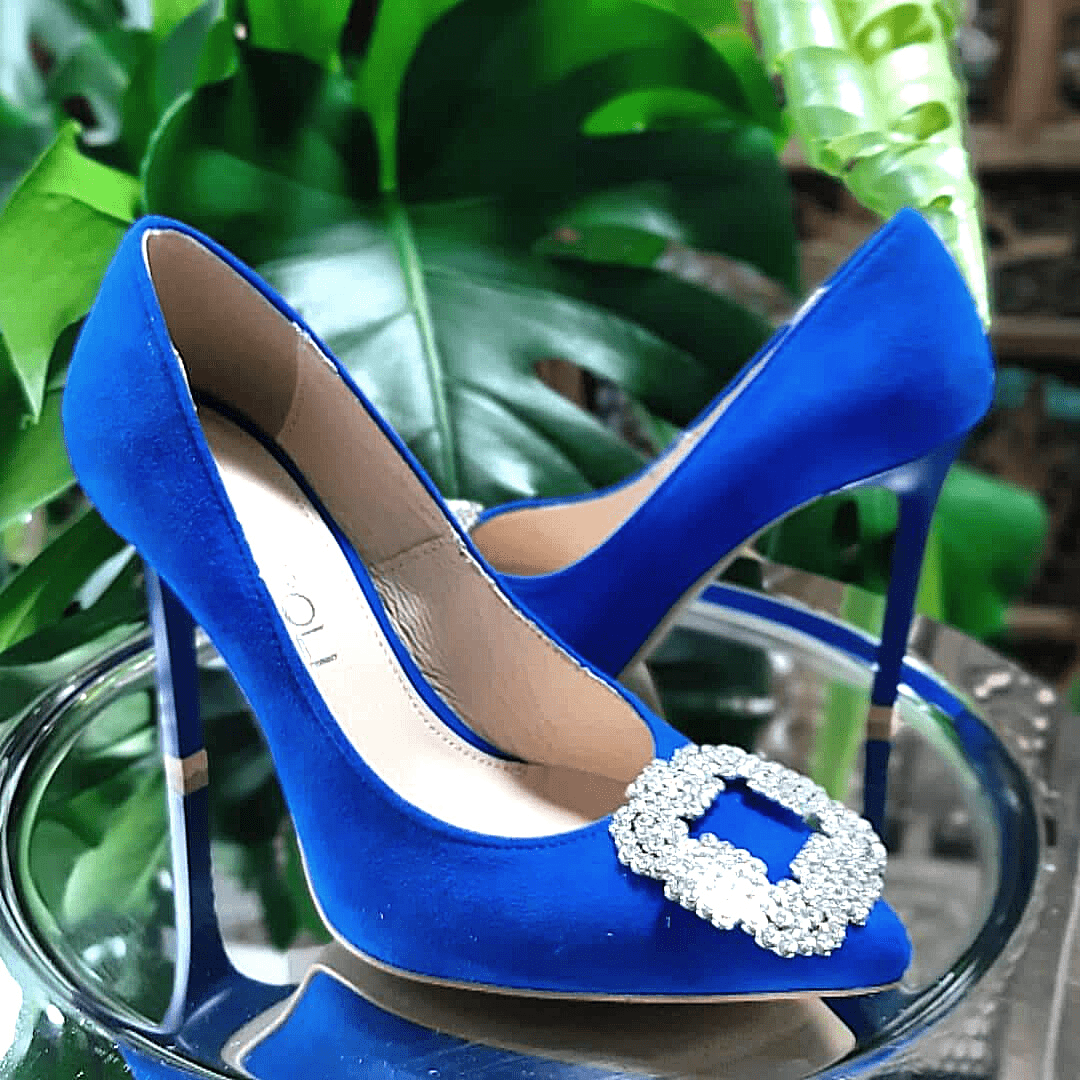Royal blue court heels with crystals