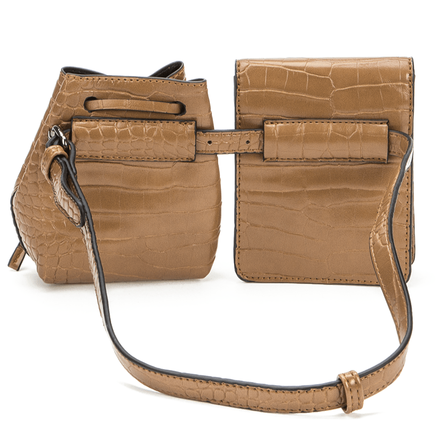 Two brown bags set on a belt.