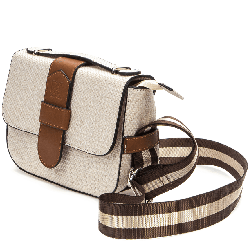 Cream canvas bag with brown sporty shoulder strap.