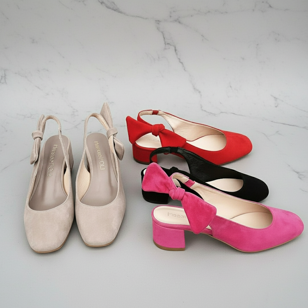 Collection of ladies slingback shoes in nude, red, pink and black