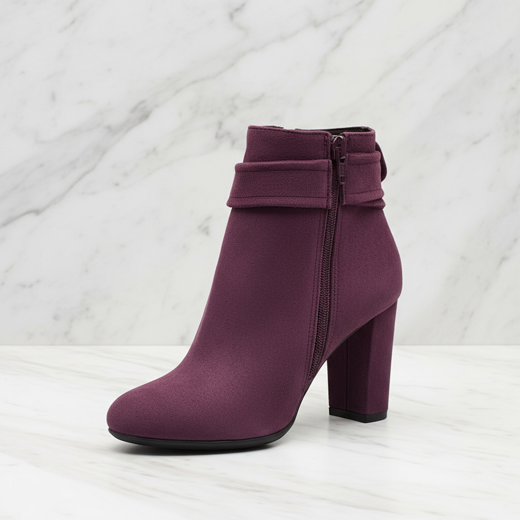 Petite ankle boots with a decorative bow in burgundy suede and a side zip