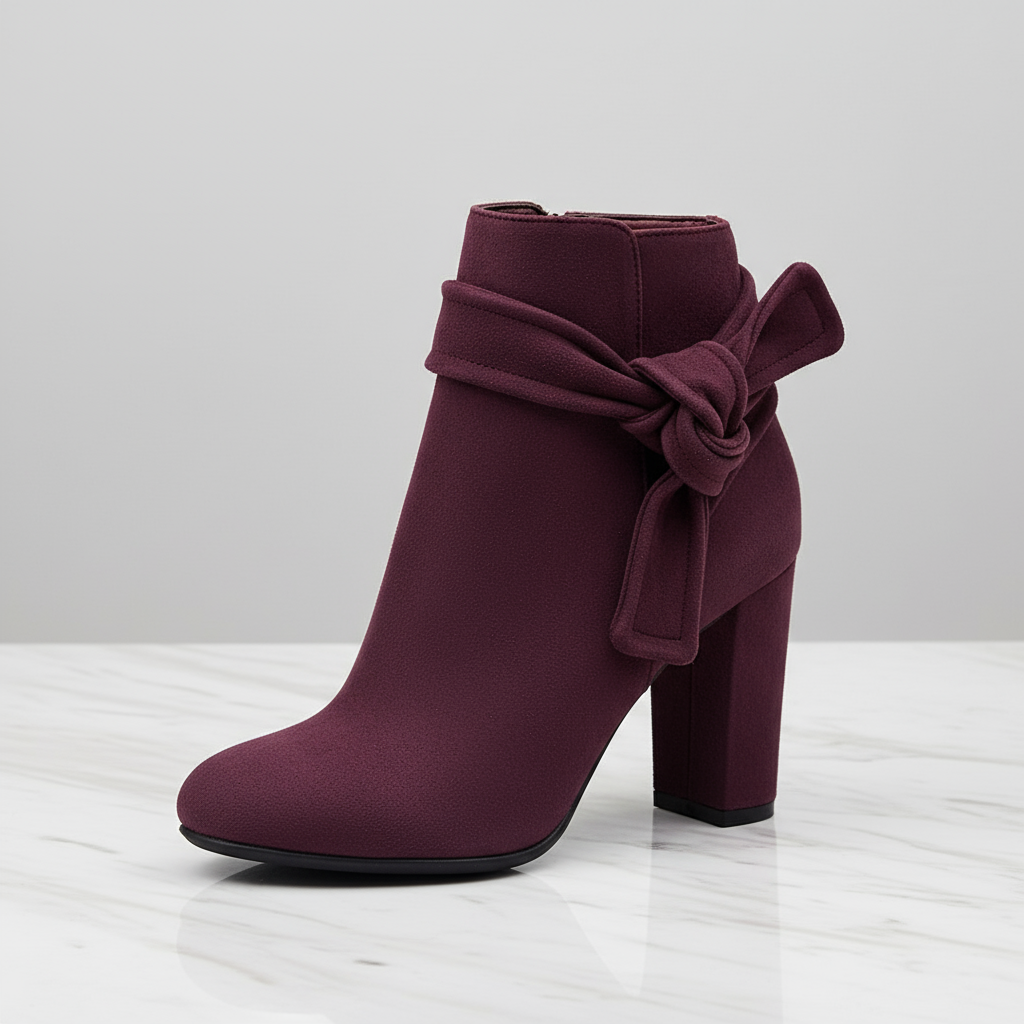 Purple ankle boot with a bow on a light gray background