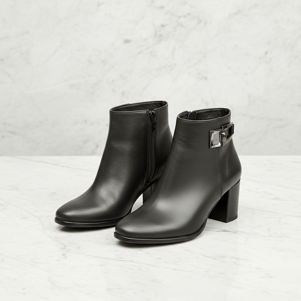 Petite ankle boots in black leather with side crystal detailing set on a marble floor.