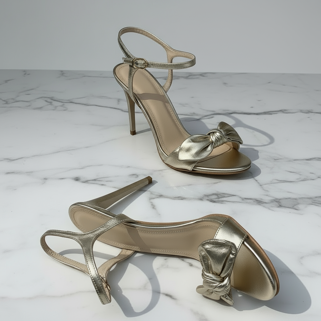 Gold high-heeled sandals with bow detail on a marble surface