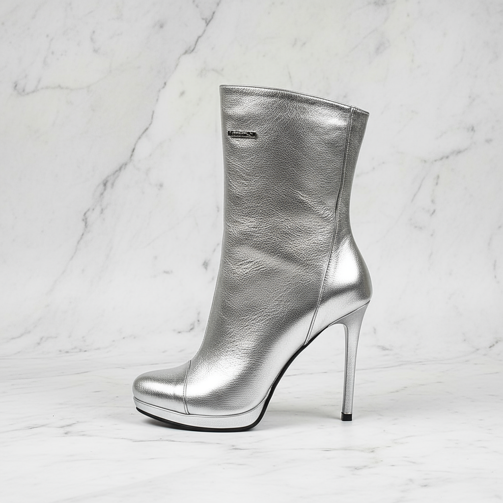 Side profile of VALERIE silver leather boot featuring designer silver logo and 1cm platform.