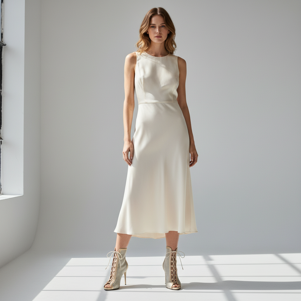 Model wearing VENUS gold perforated lace-up boots with midi dress; 10cm stiletto, petite fit.