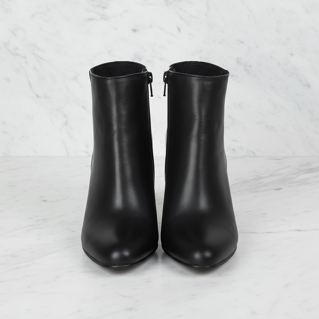 Almond toe ankle boots in black leather with a side zipper, designed for petite feet.