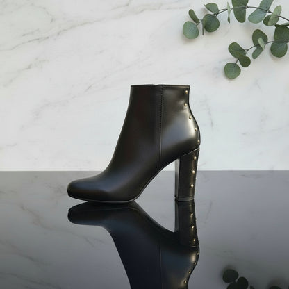 VIVA black leather ankle boots with gold studs, 9cm block heel, side zip for petite feet.