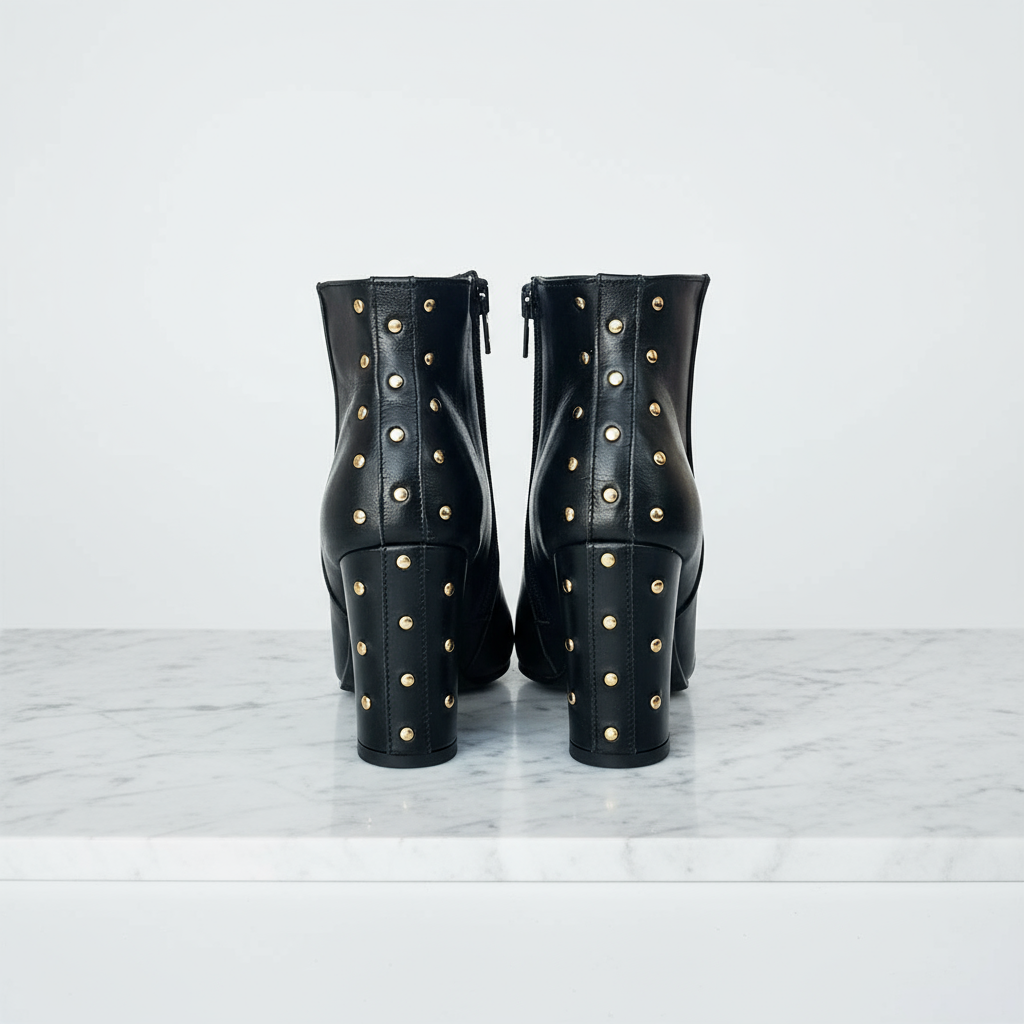 Block heel ankle boots in black leather with gold studs on the heel.