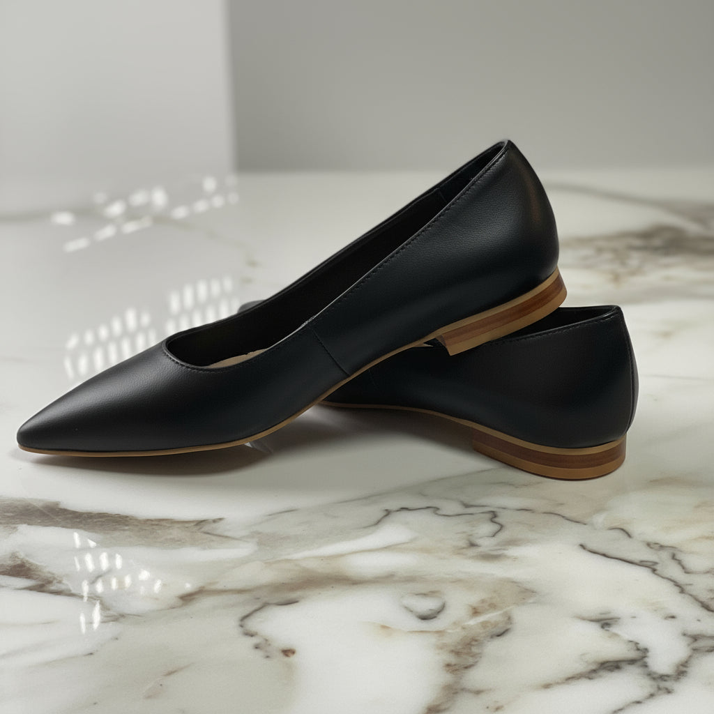 ZEA black leather ballerina pumps side view stacked showing 2cm wooden heel detail